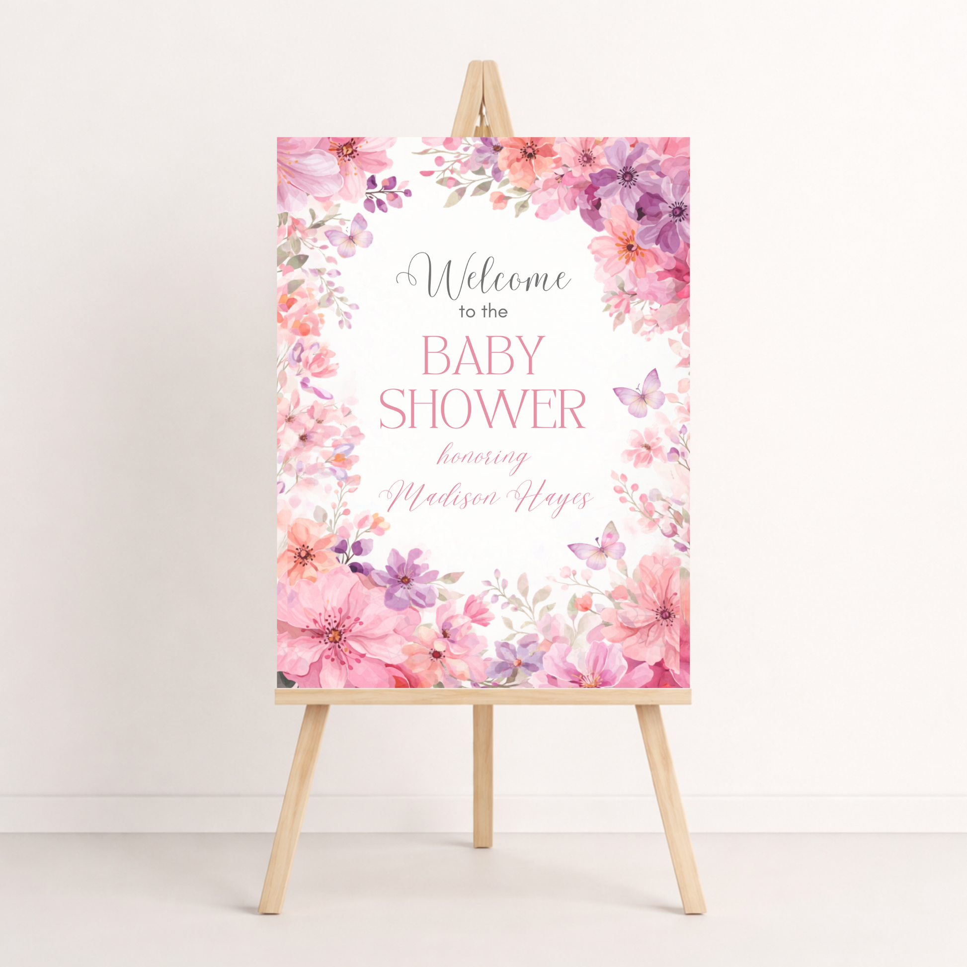 Baby in bloom pink baby shower welcome sign editable template in canva 