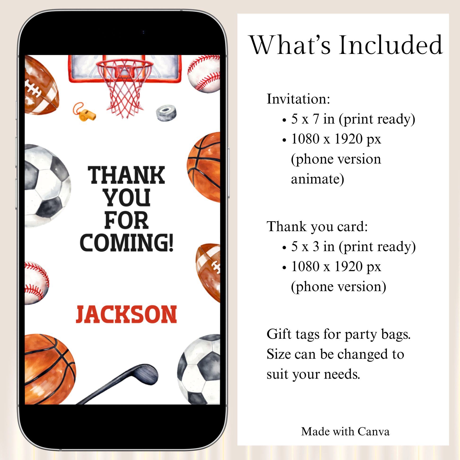 Phone screen displaying sports-themed thank you card with text and graphics, alongside a list of included items.