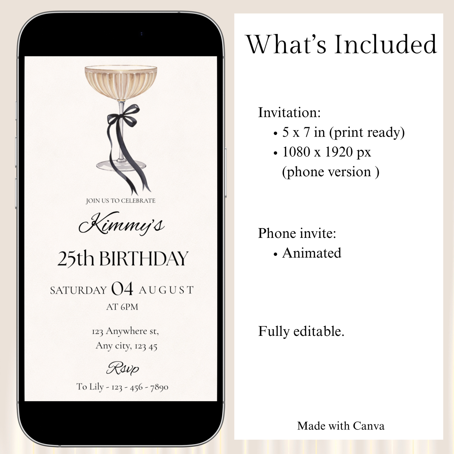 Phone screen displaying a birthday invitation with text and graphic elements, alongside details of what's included.