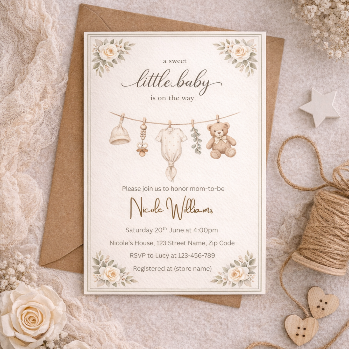 Vintage Baby Shower Invitation Bundle | Neutral Clothesline Baby Shower Invite Editable Bundle Kit