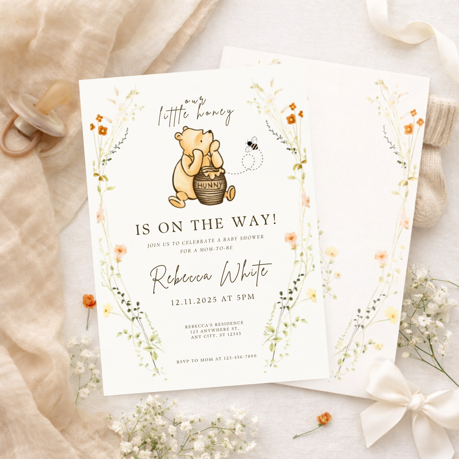 Baby shower invitation with Winnie the Pooh design template