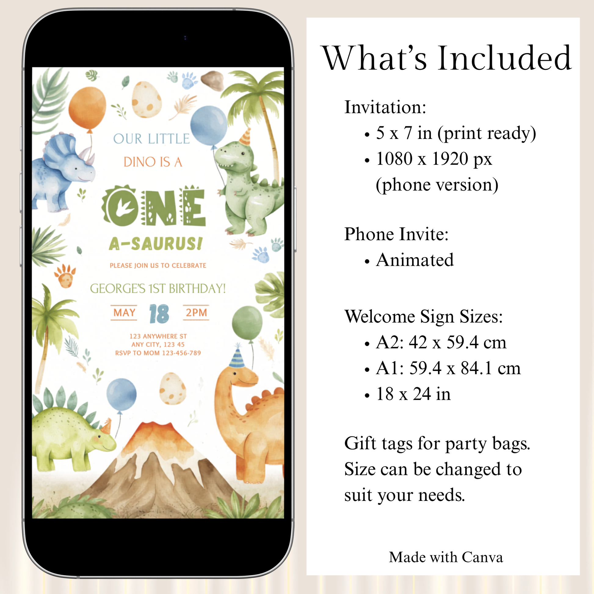 Phone screen displaying a dinosaur-themed birthday invitation with text on the right about included items.