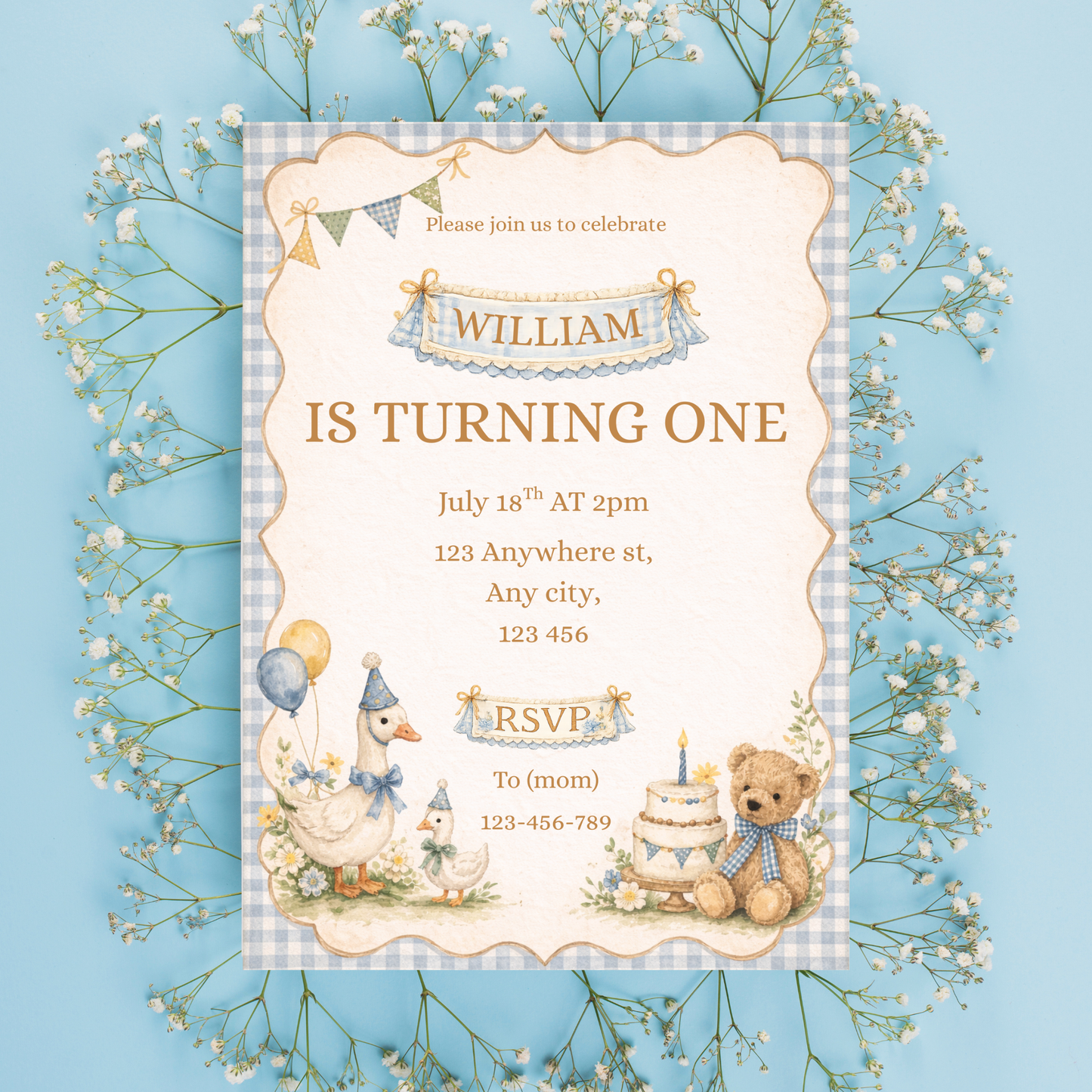 1st Birthday Boy Invitation Bundle | Vintage Blue Gingham Editable Party Kit