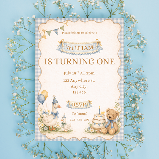 1st Birthday Boy Invitation Bundle | Vintage Blue Gingham Editable Party Kit