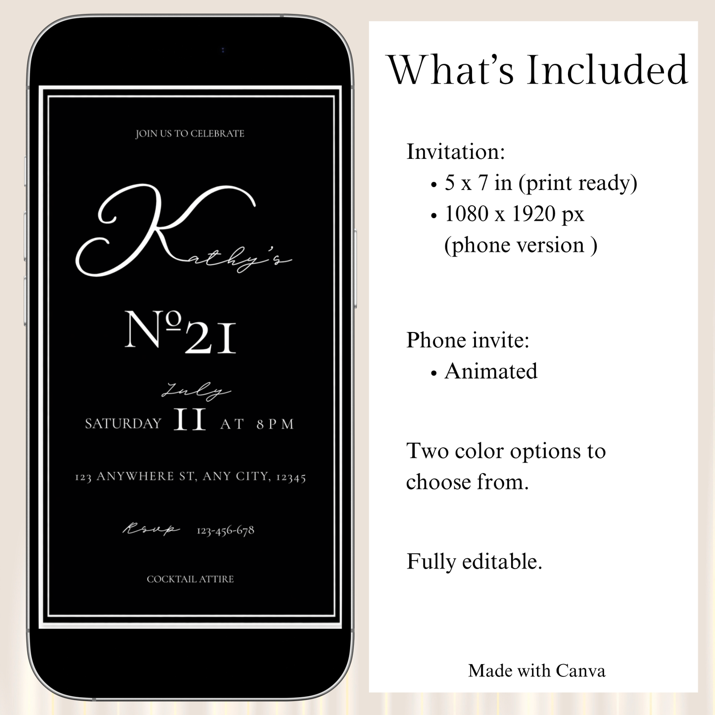Phone screen displaying an invitation with text and design elements, alongside a list of what's included.