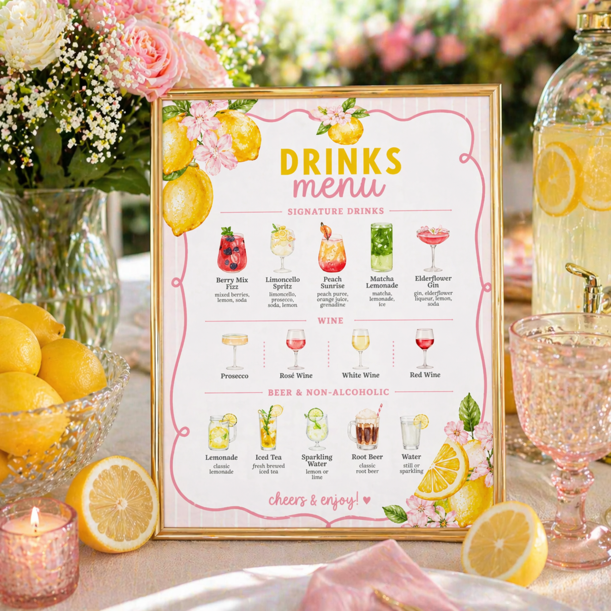 Drinks menu with lemon-themed decor on a table with lemons, flowers, and glasses. 
