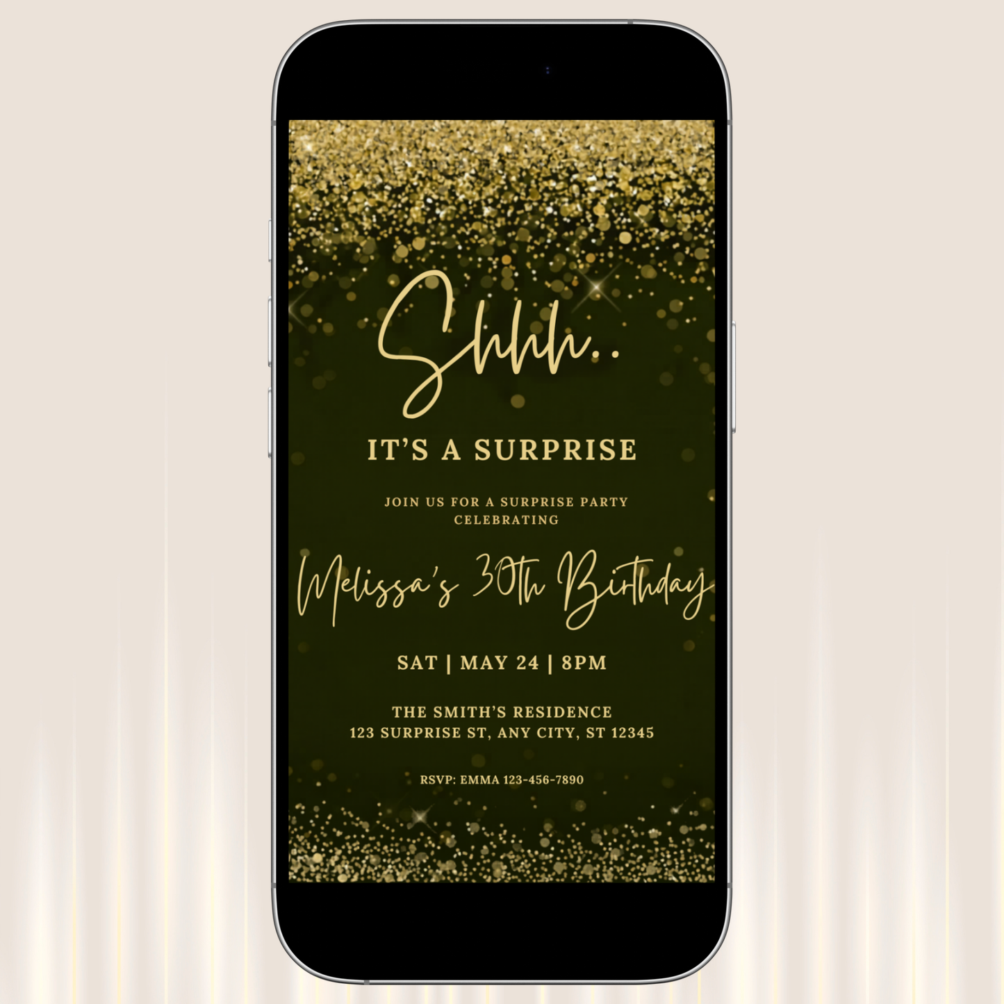 Phone screen displaying a birthday invitation with gold text on a black background