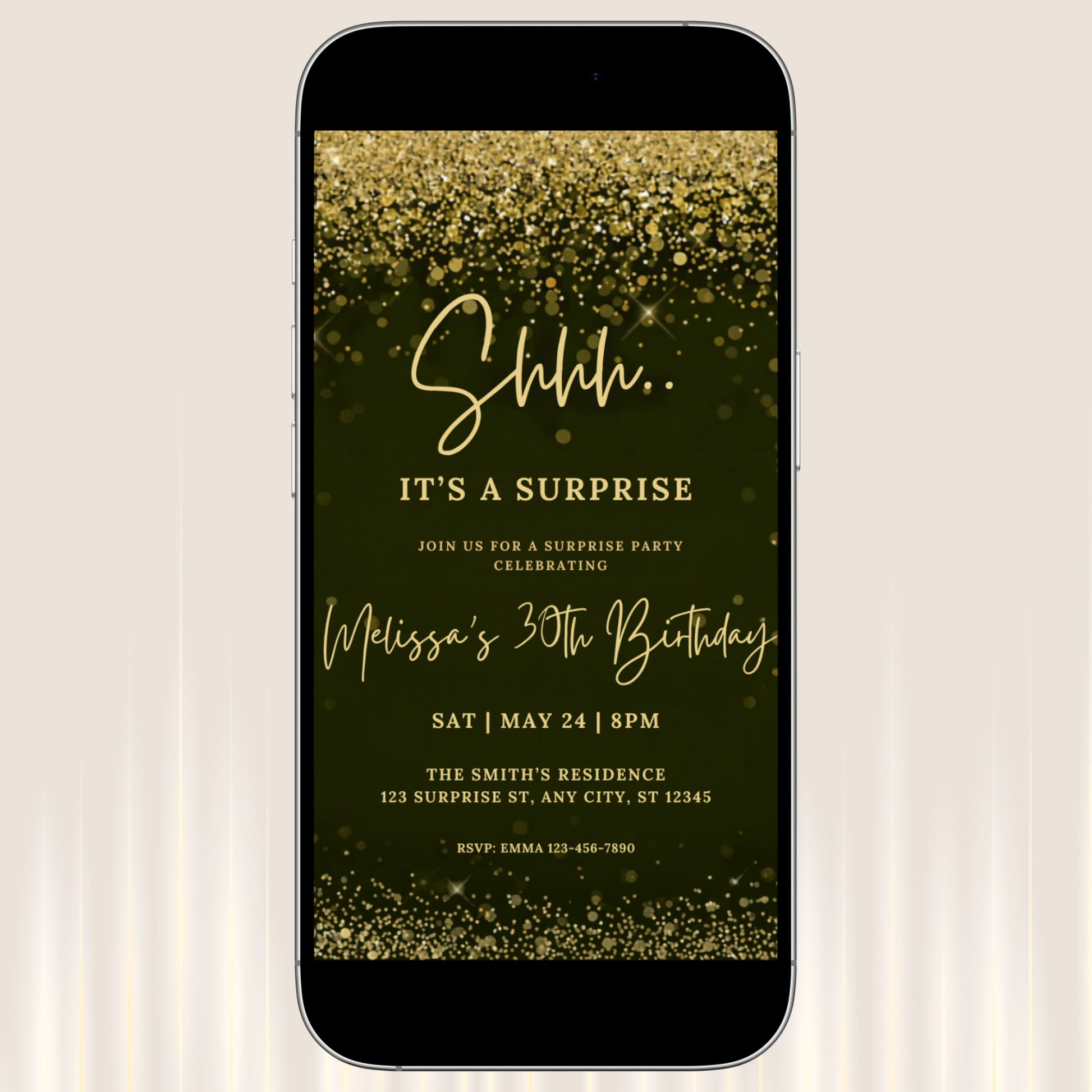 Phone screen displaying a birthday invitation with gold text on a black background