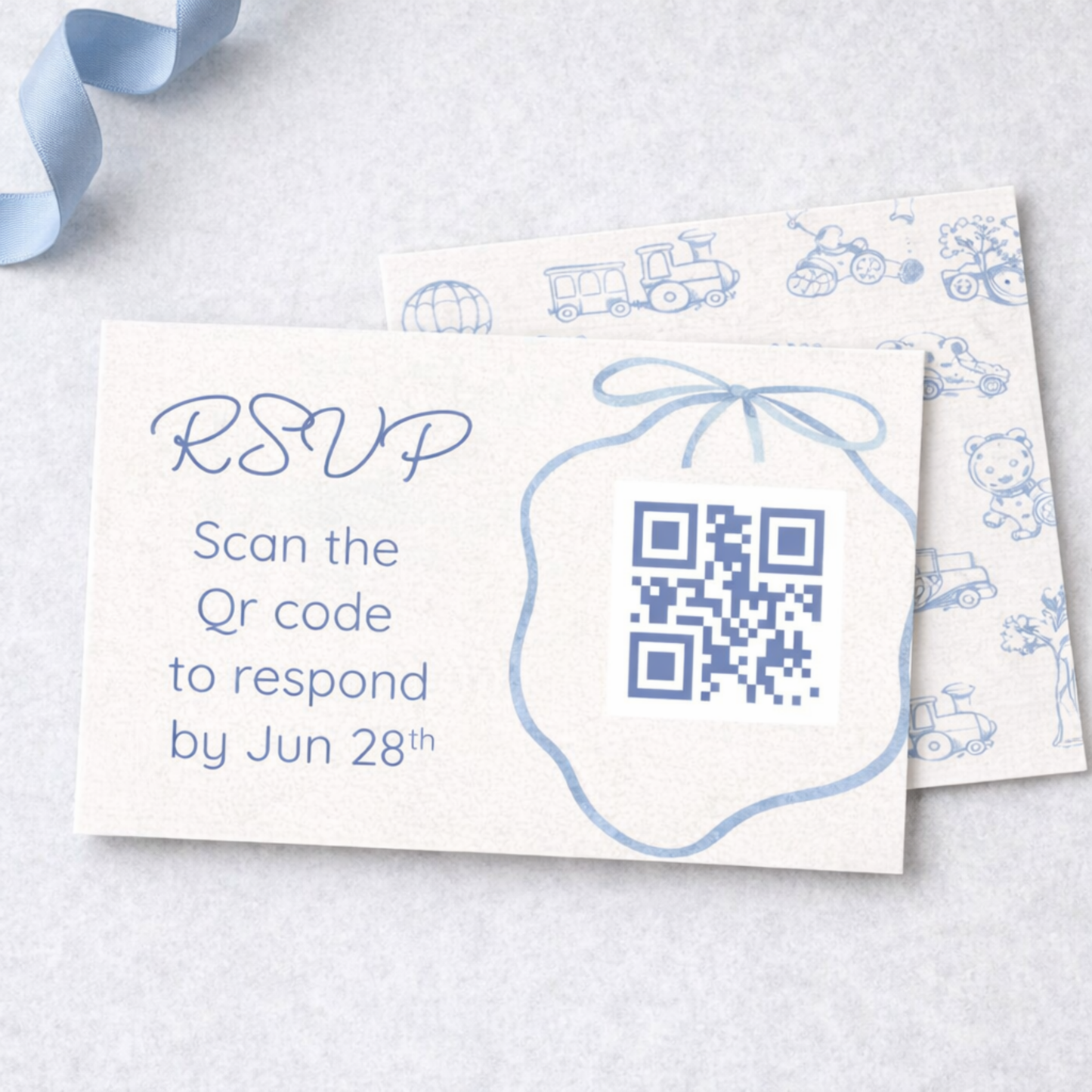 Blue Baby shower editable invitation with QR code on a light gray background