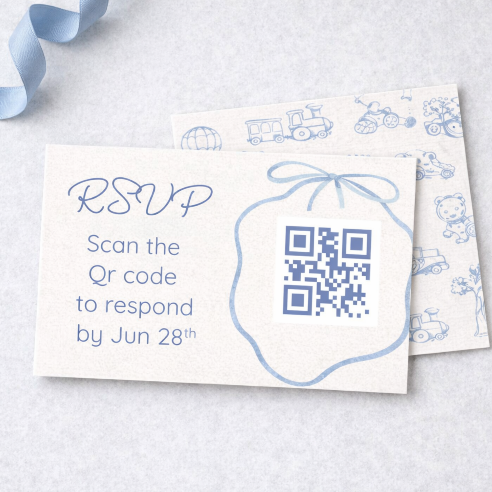 Blue Baby shower editable invitation with QR code on a light gray background
