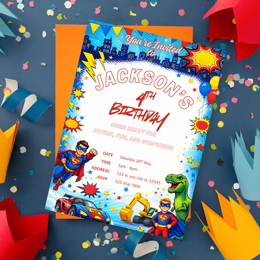 Superhero & Dinosaur Birthday Invitation Template for Boys | Editable Digital Invite + Welcome Sign Bundle