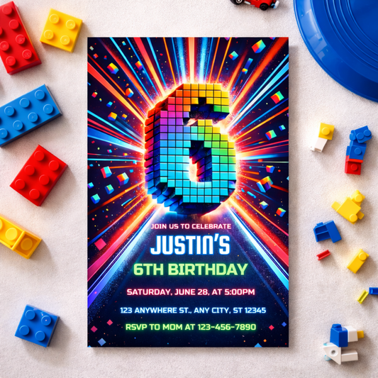 building block birthday invitation 6th boys birthday invite editable in canva instant download digital invite