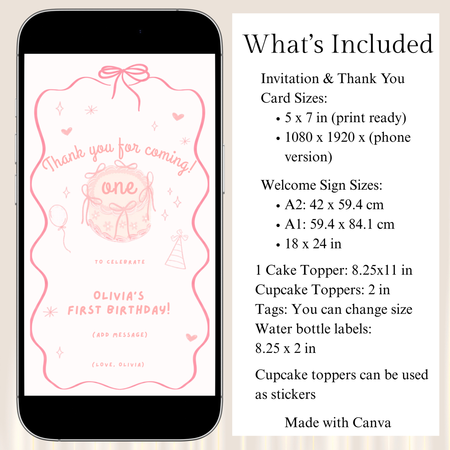 Phone displaying a birthday invitation card on a beige background with text about included items.