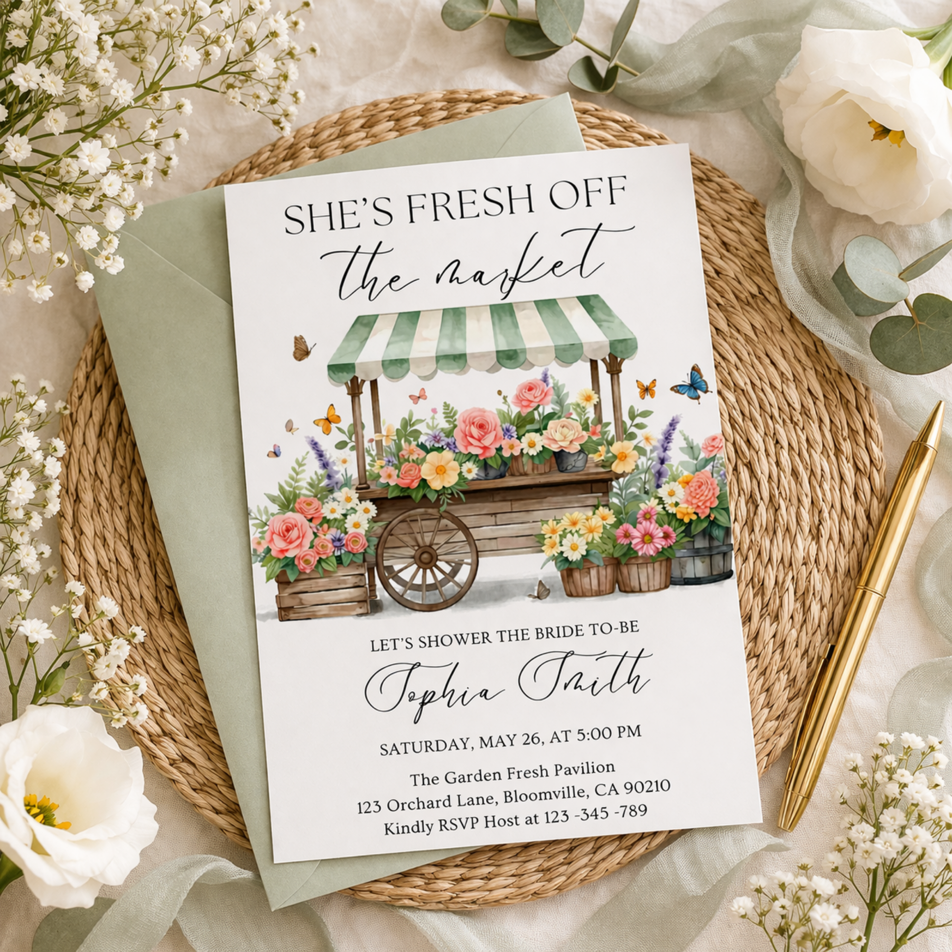 Market cart floral bridal shower invitation template editable in canva digital invite 