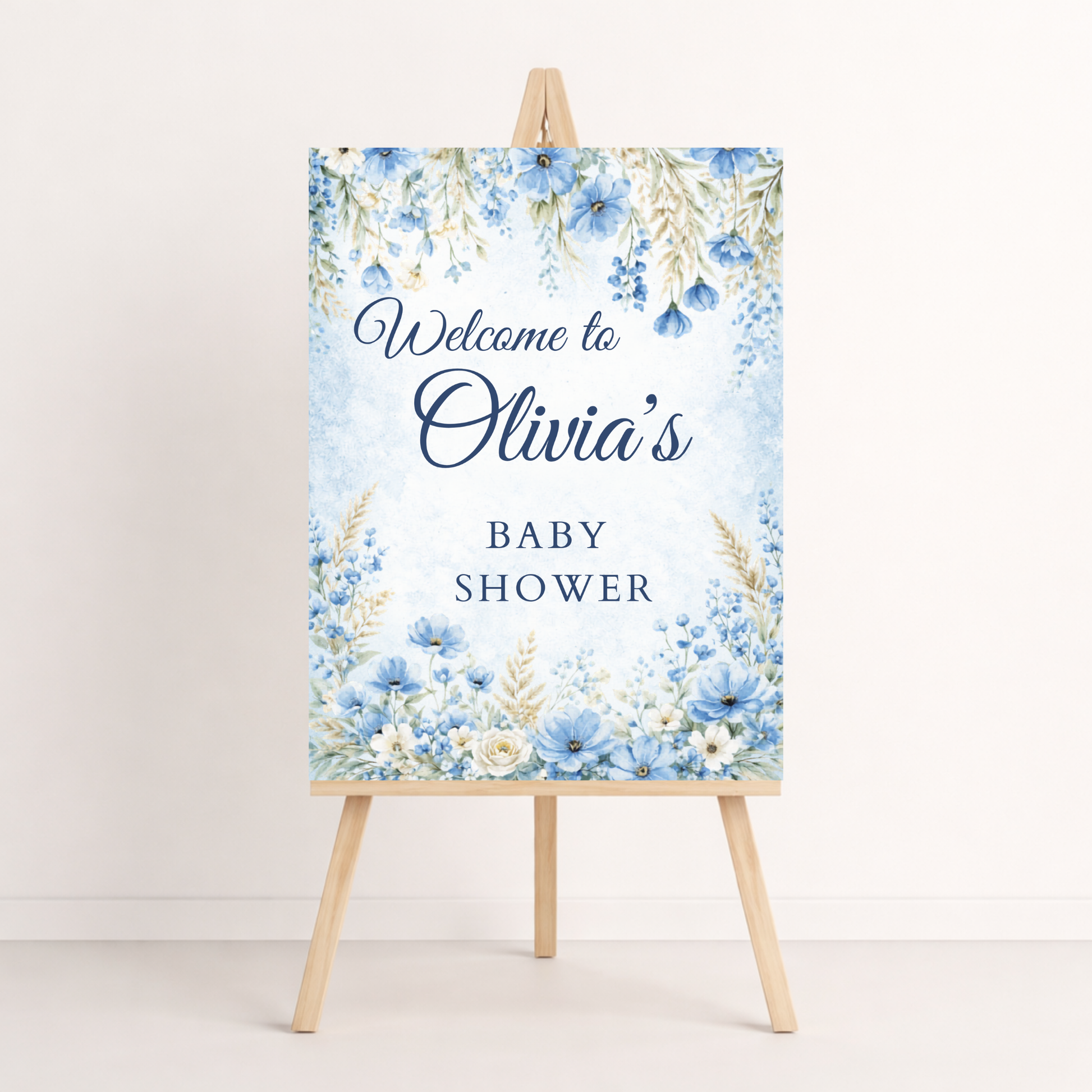 Baby shower welcome sign with floral design on a white background