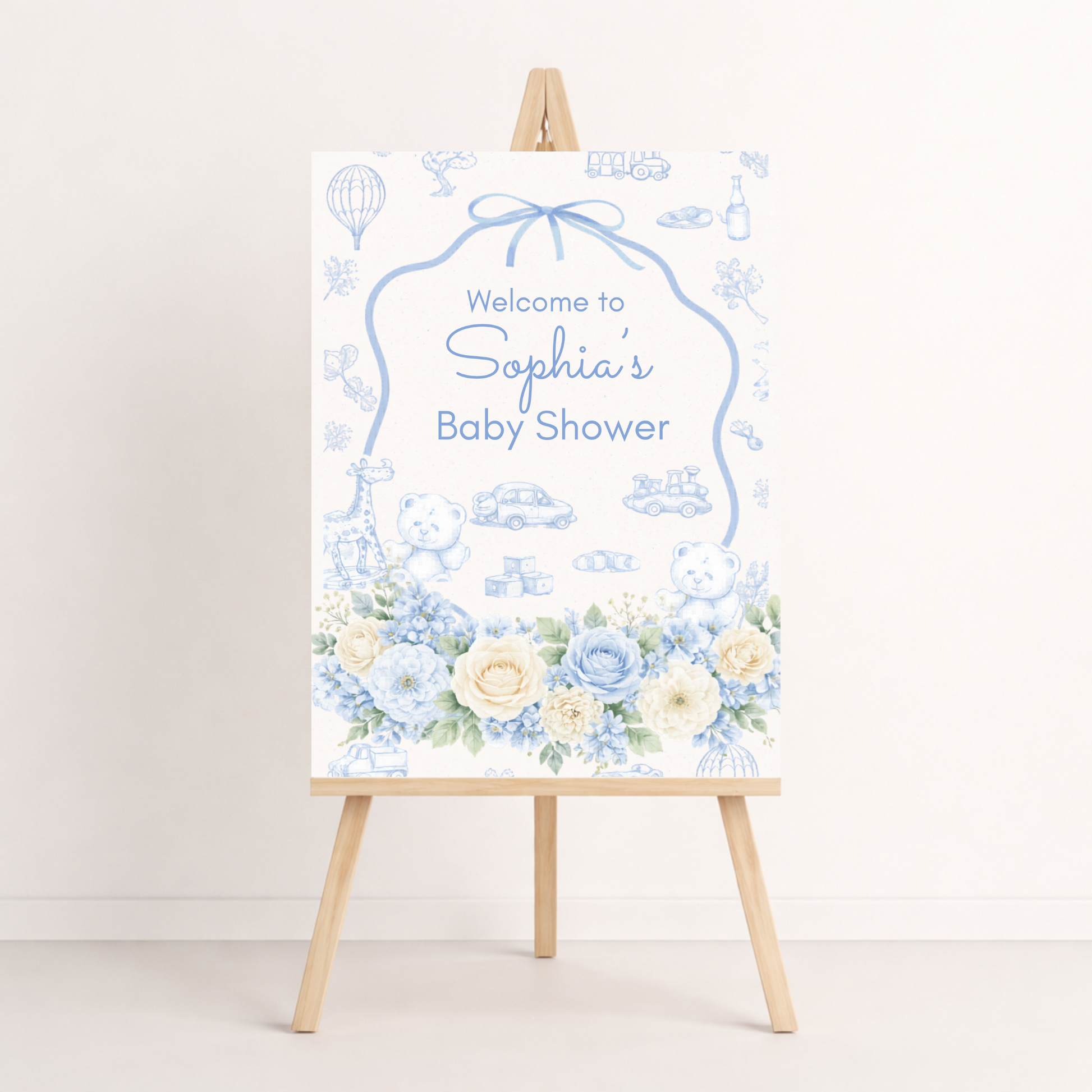 Blue Toile Baby shower welcome sign  editable templated in canva 