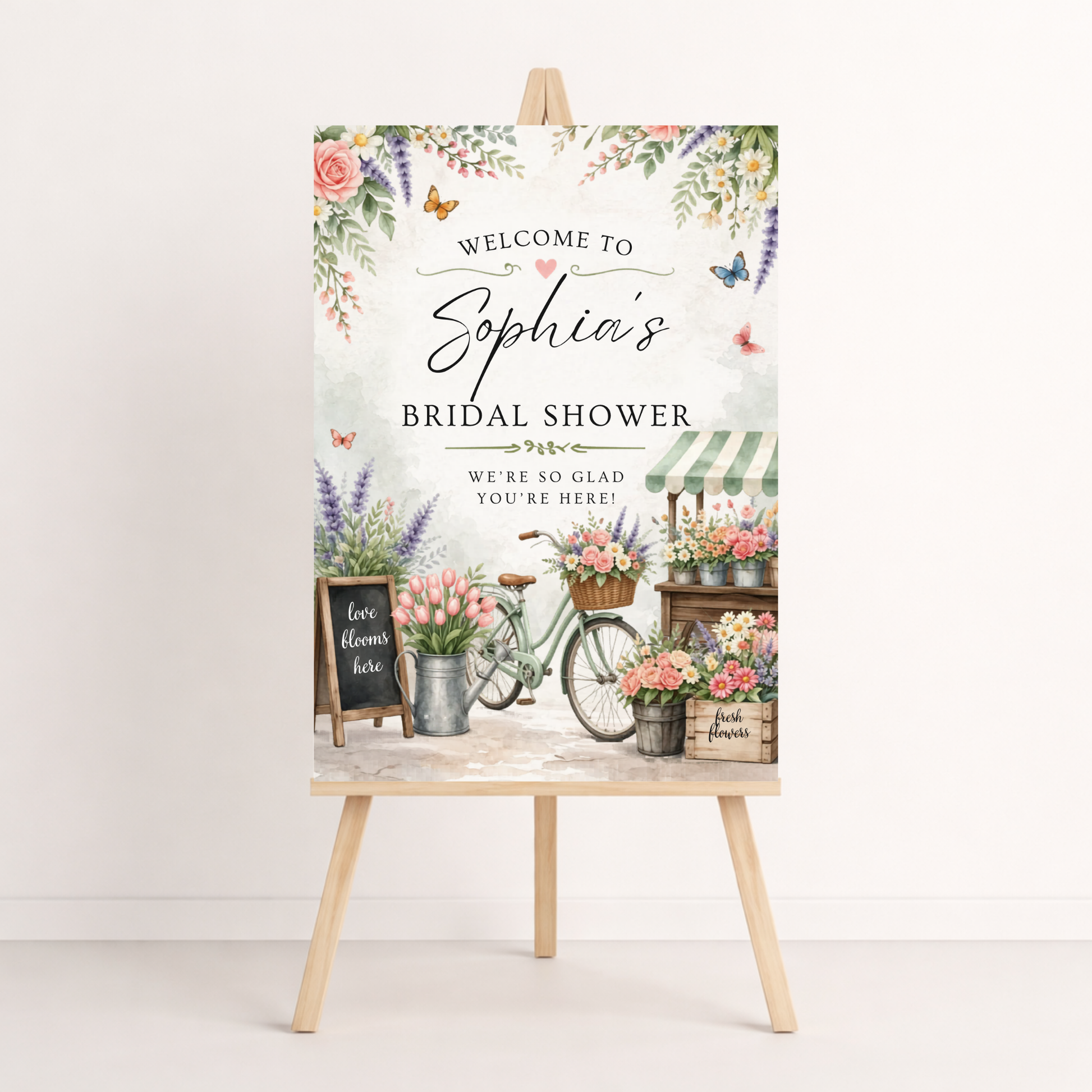 Market cart floral bridal shower welcome sign template editable in canva instant download 