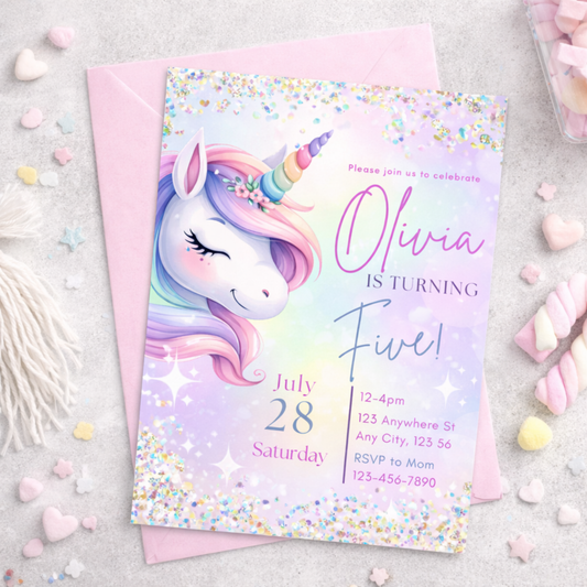 Unicorn-themed birthday invitation card with colorful design on a light gray background.