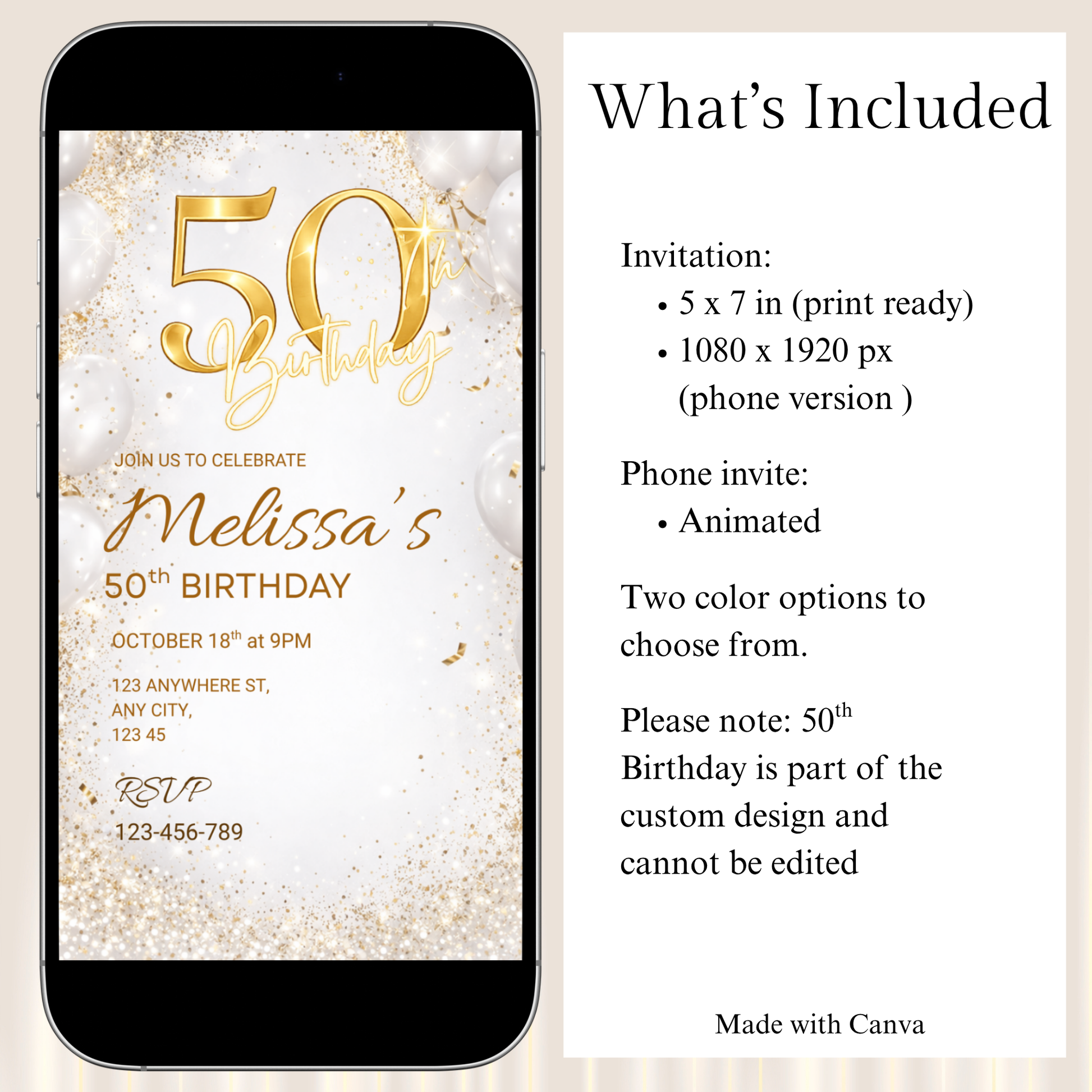 Phone screen displaying a 50th birthday invitation with gold text on a light background, accompanied by text detailing what's included.