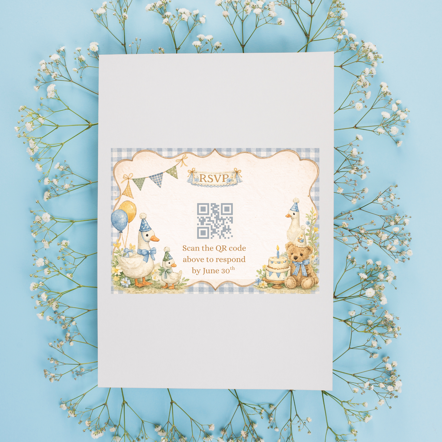 1st Birthday Boy Invitation Bundle | Vintage Blue Gingham Editable Party Kit