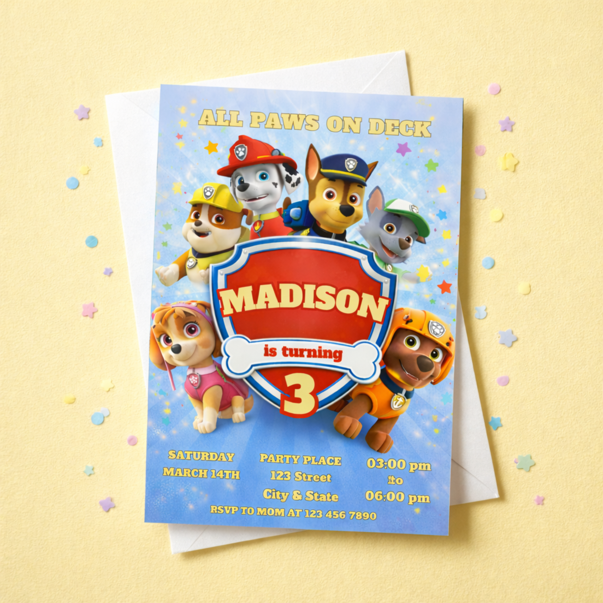Paw Patrol birthday invitation card on a yellow background 
