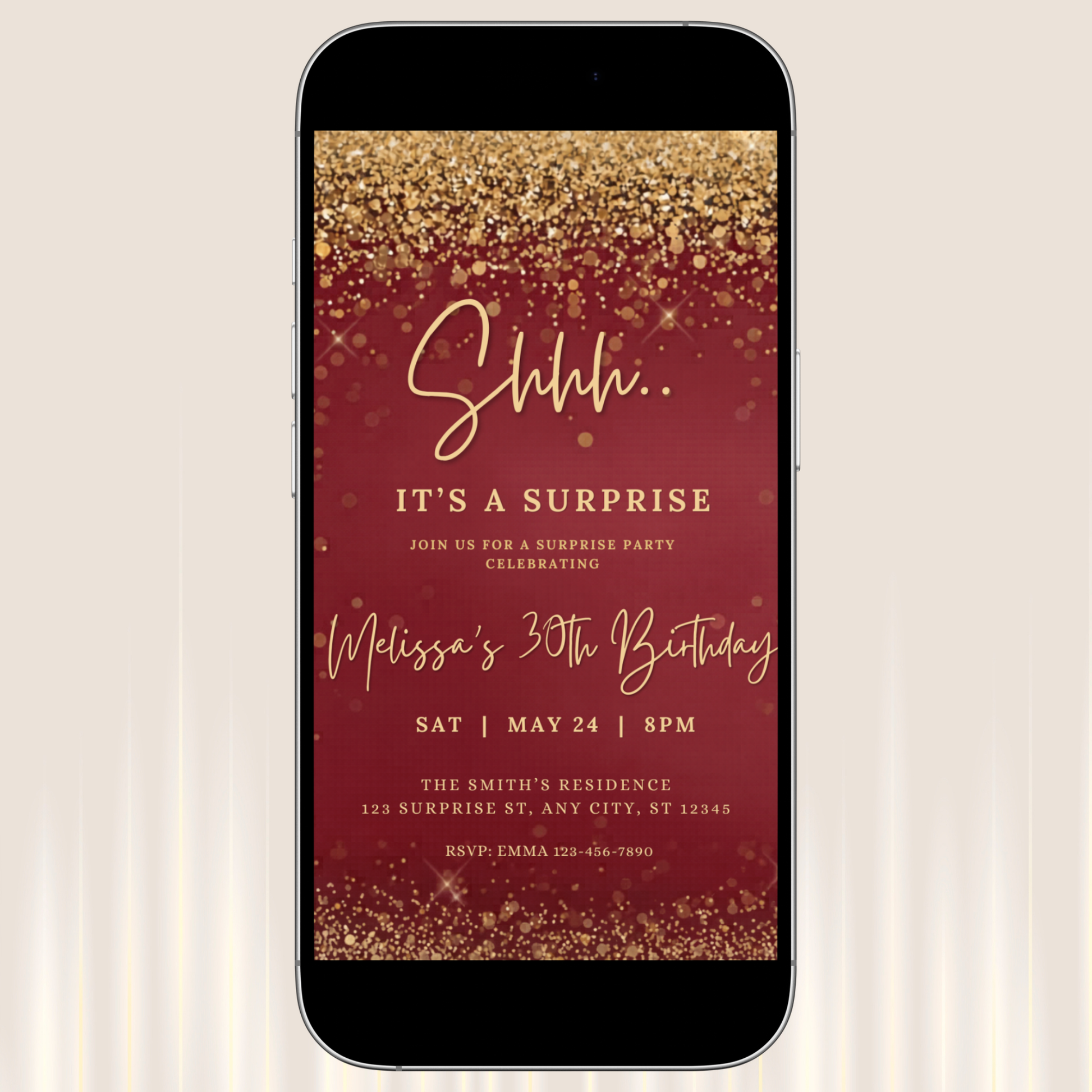 Phone displaying a birthday invitation with gold text on a red background