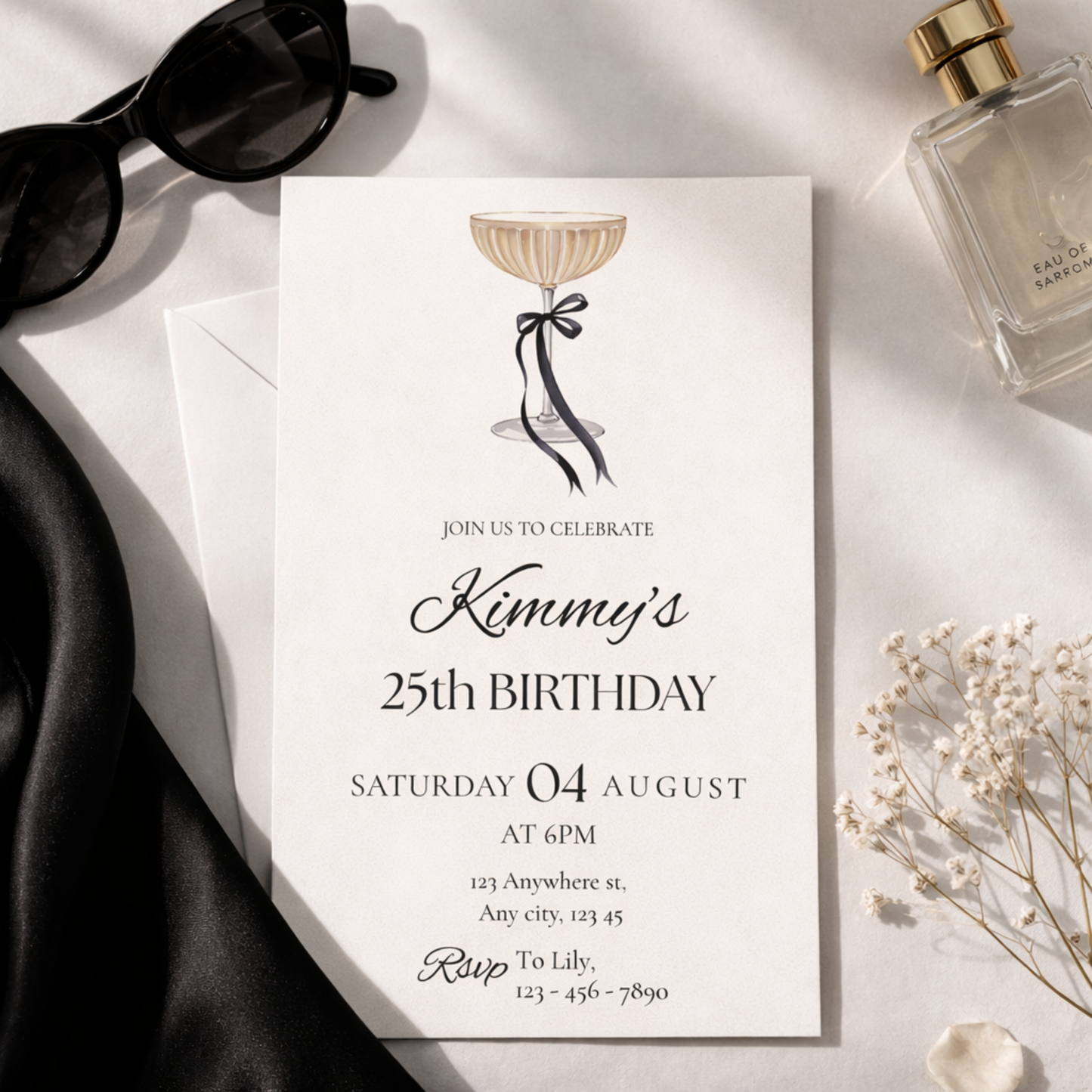 Birthday invitation card for Kimmy's 25th birthday with sunglasses, perfume, and flowers on a light background.