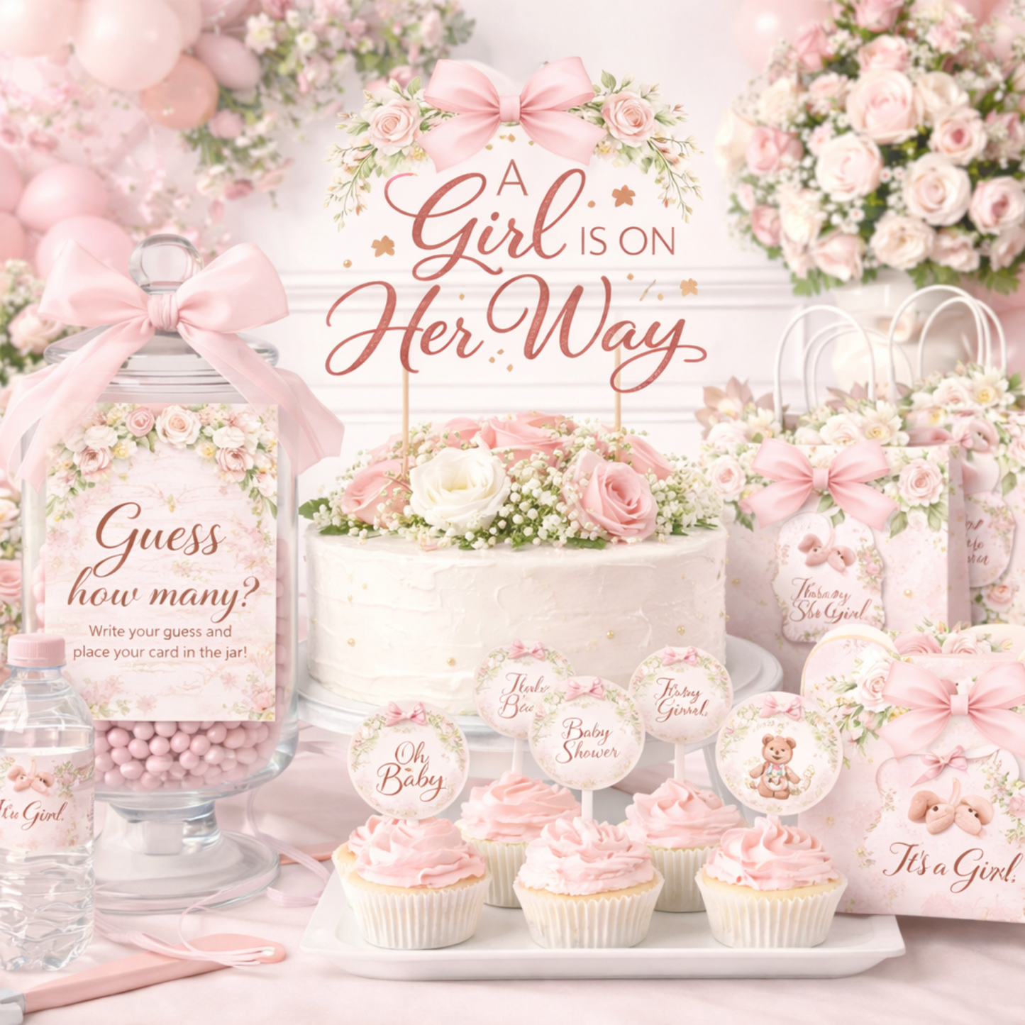 Baby Girl Shower Invitation Template | Pink Bow Floral Baby Shower Invite Editable Bundle Kit