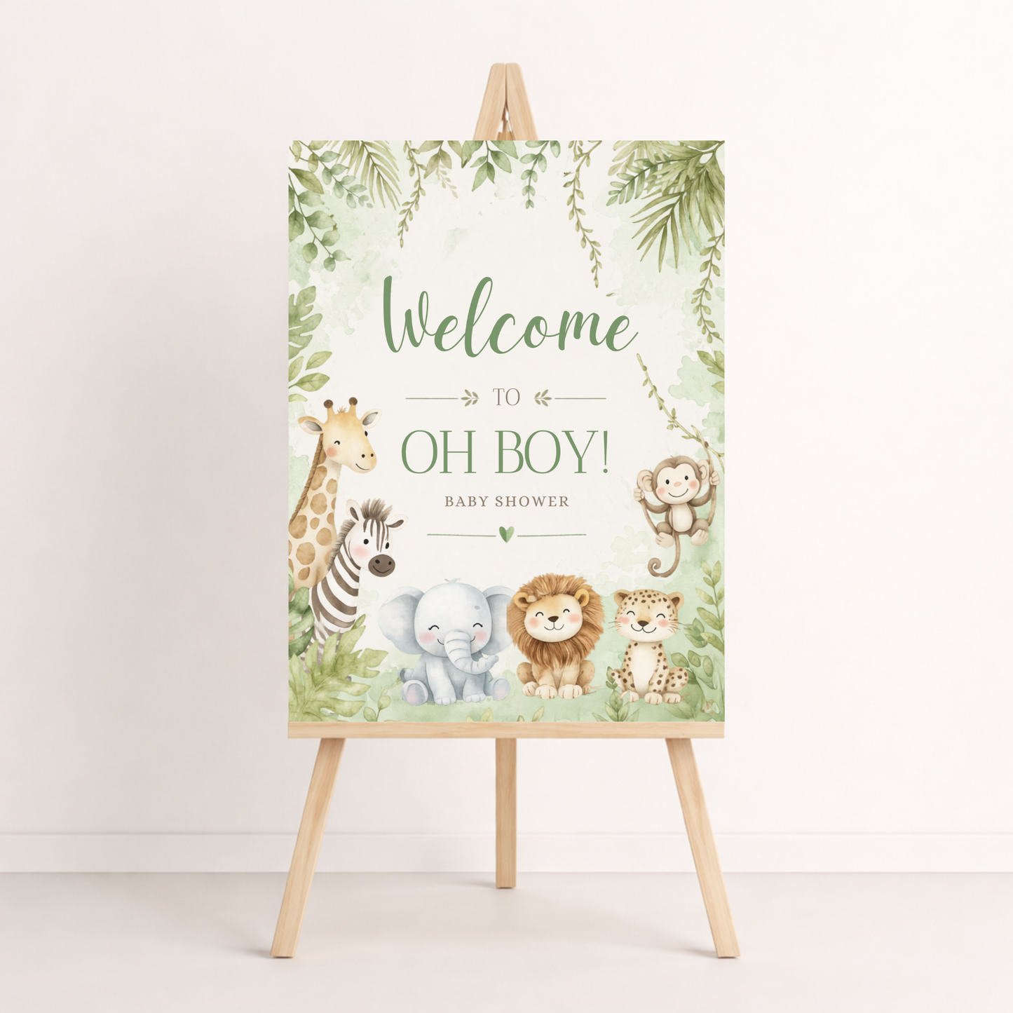 Baby shower welcome sign with jungle animals editable template on canva 