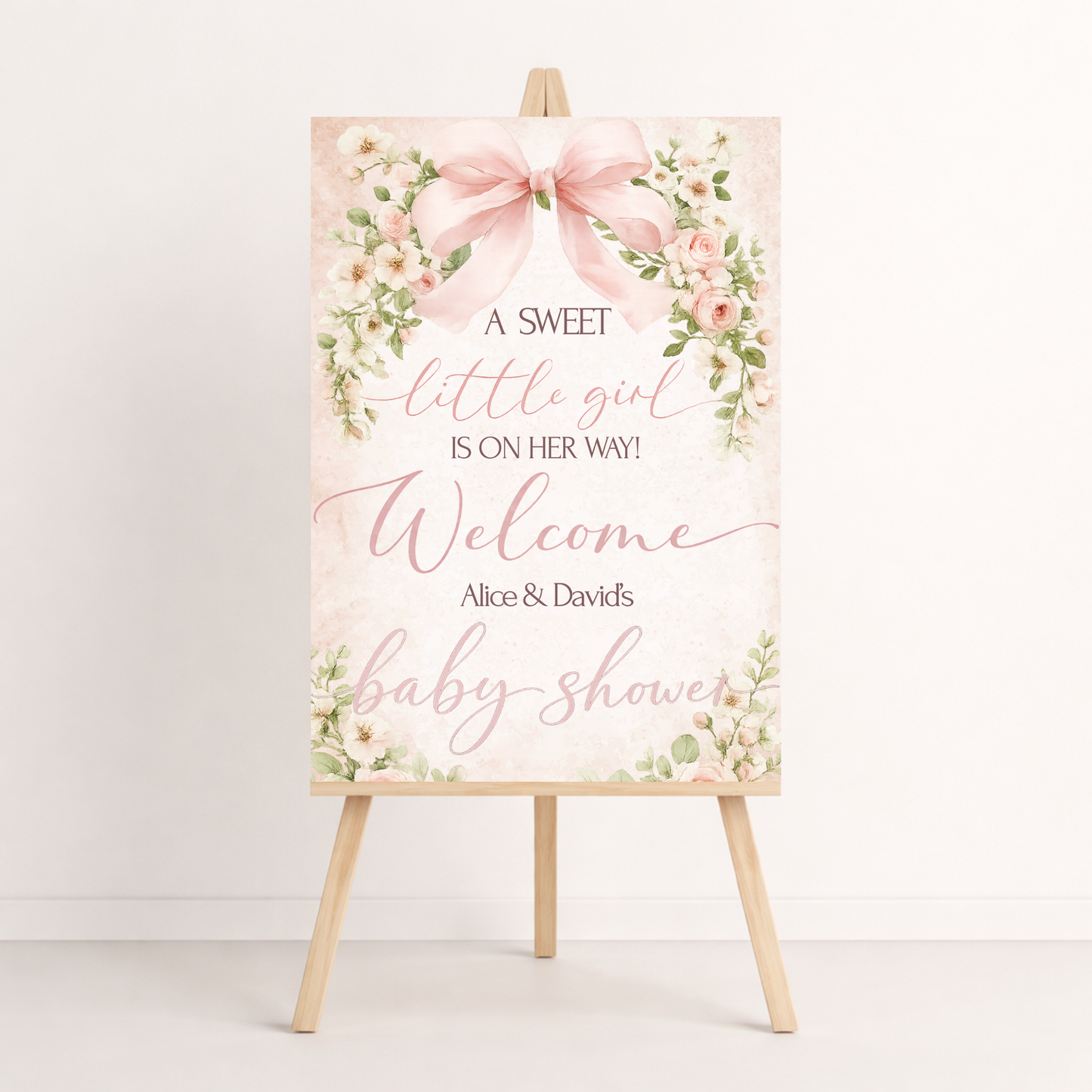 Baby Girl Shower Invitation Template | Pink Bow Floral Baby Shower Invite Editable Bundle Kit