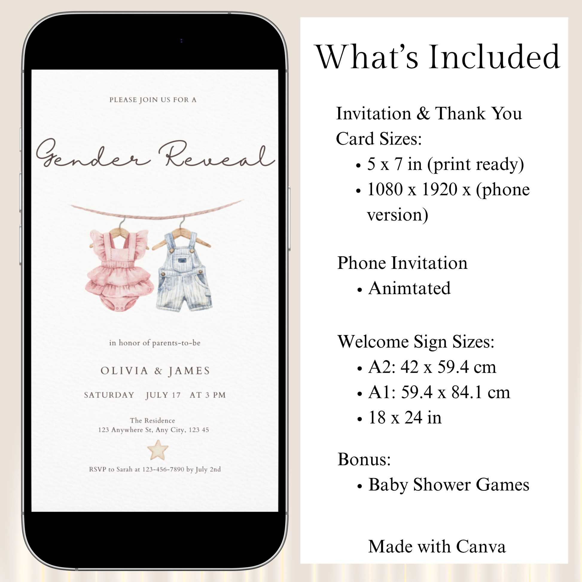 Phone screen displaying a gender reveal invitation with text on the right about included items.