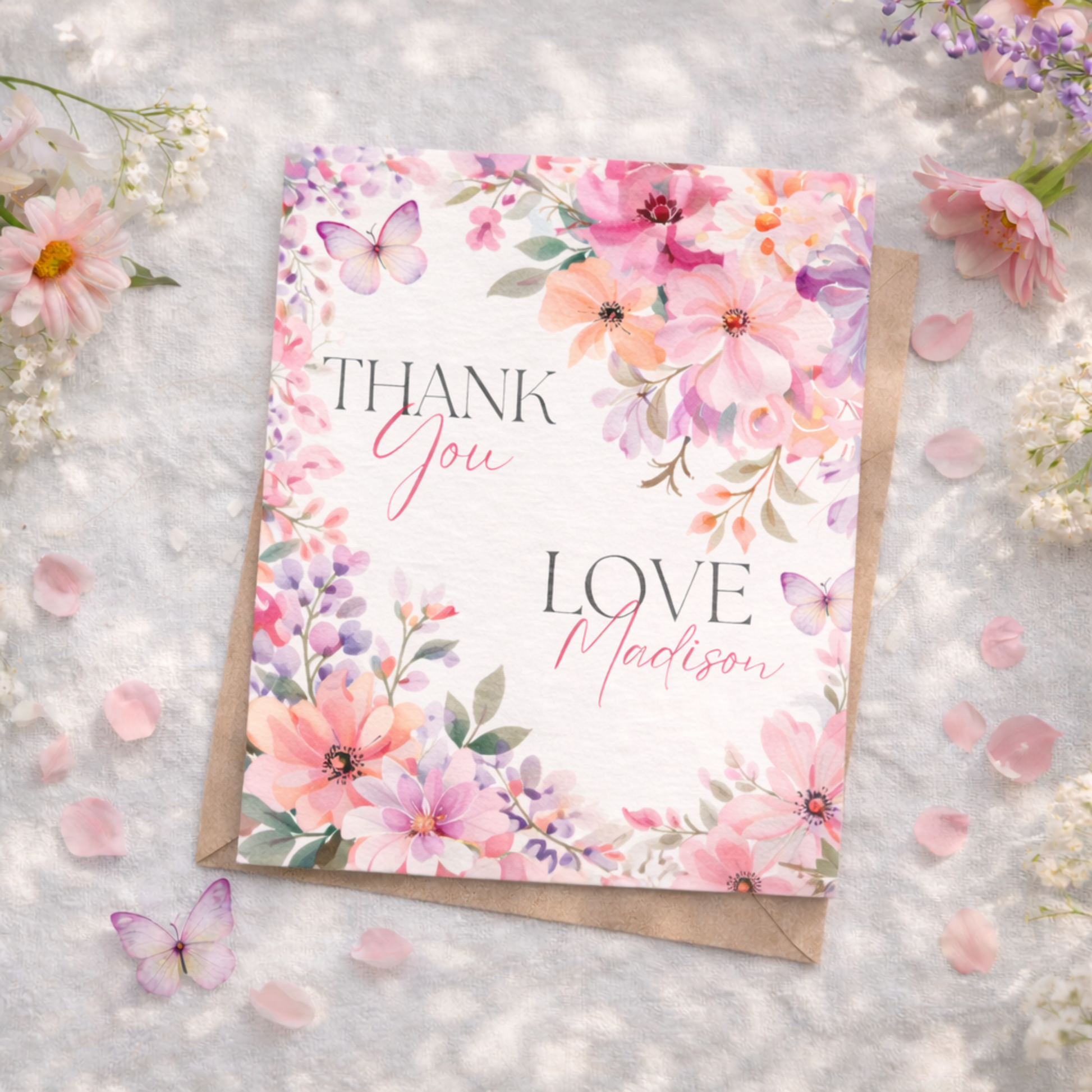Floral card with 'Thank You' and 'Love Madison' text on a floral background