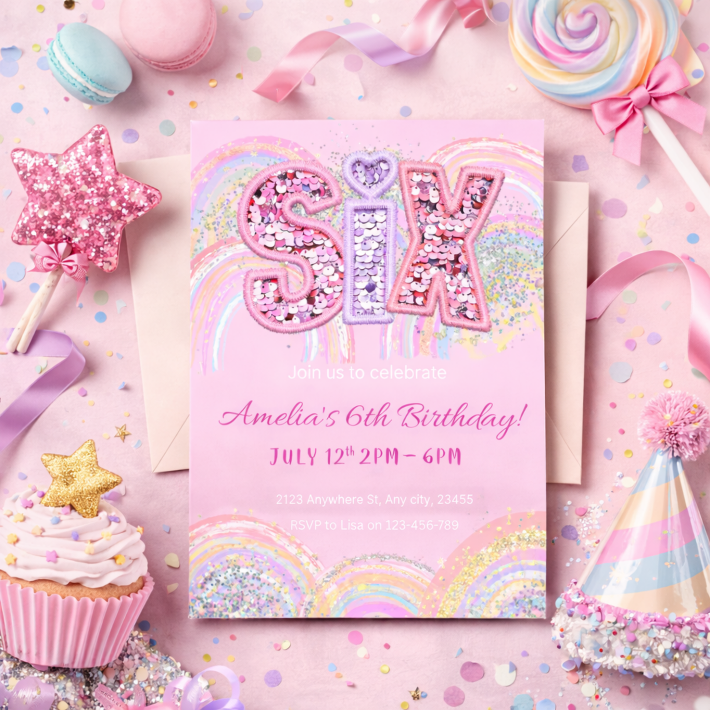 SIX Birthday Party Bundle | Sequin Glitter Pink Rainbow | Complete Editable Kit | Girls 6th Birthday