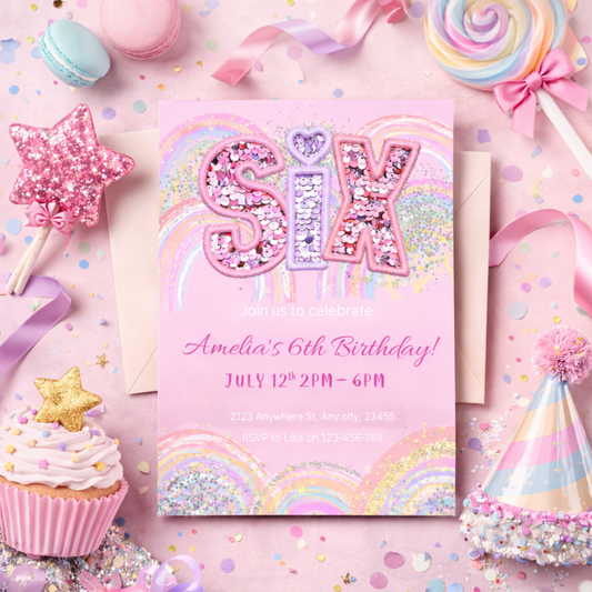 SIX Birthday Party Bundle | Sequin Glitter Pink Rainbow | Complete Editable Kit | Girls 6th Birthday