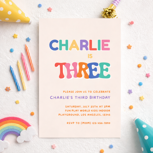 Birthday invitation card for Charlie's third birthday with colorful text on a white background.