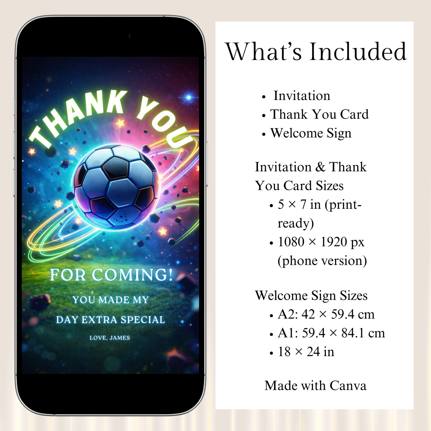 Neon Football Birthday Invitation Template | Editable Soccer Party Invite + Welcome Sign Bundle