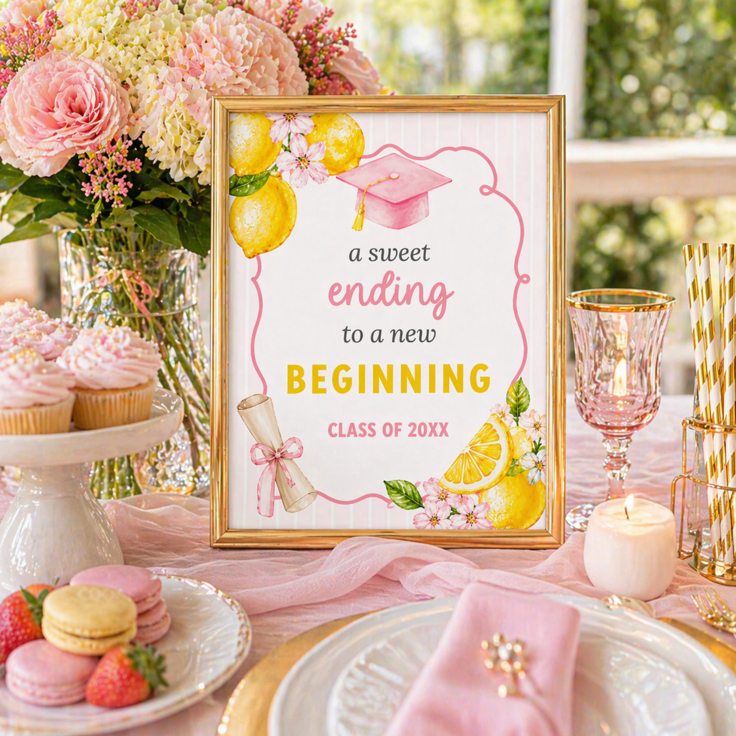 Graduation-themed table setting with a decorative sign, flowers, and pastries.