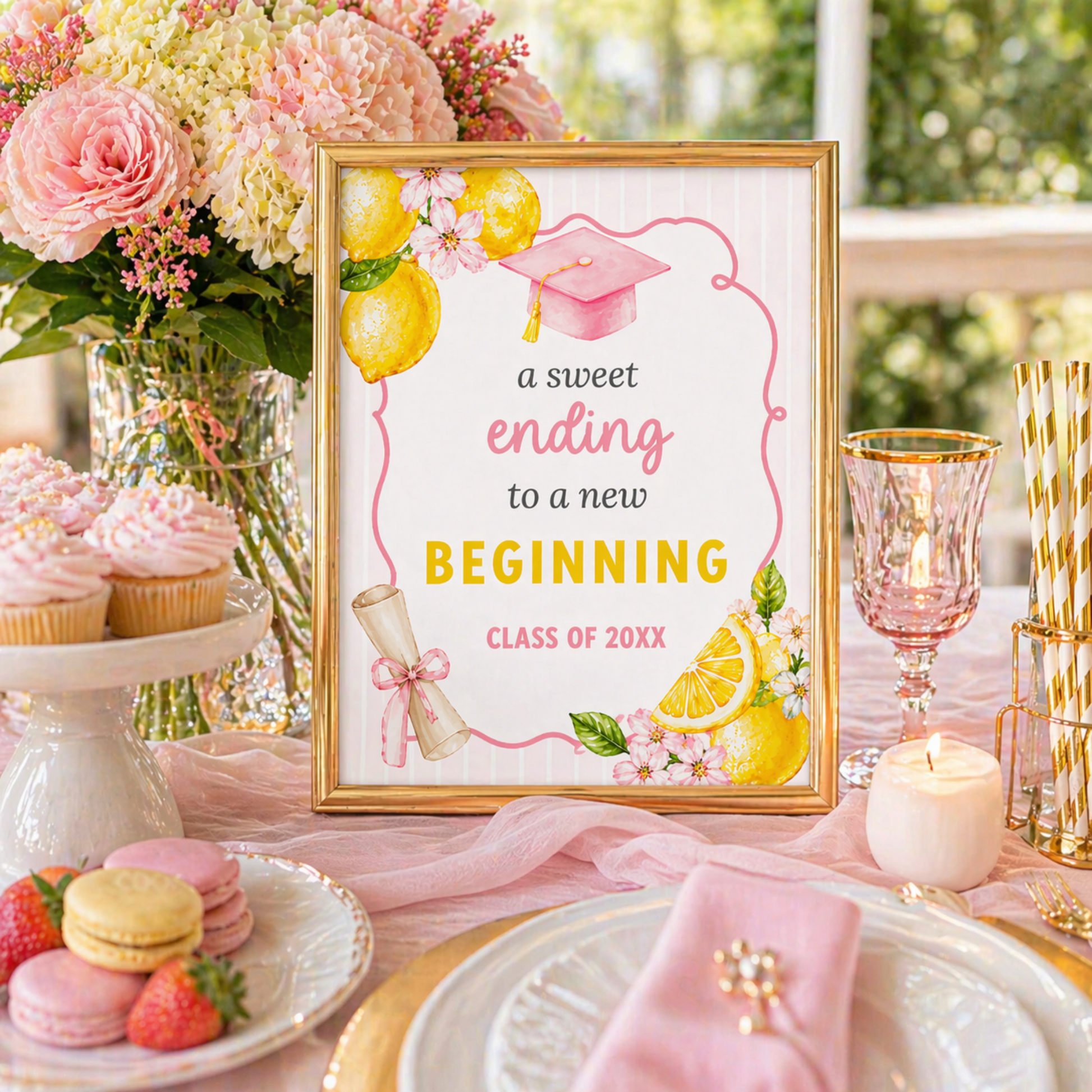 Graduation-themed table setting with a decorative sign, flowers, and pastries.
