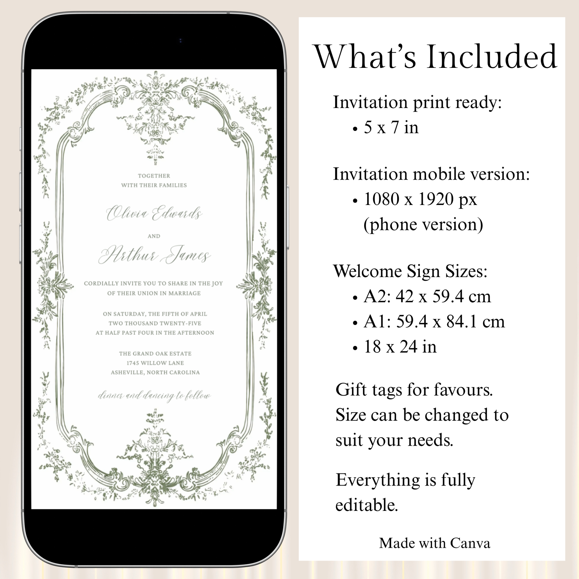 Elegant timeless wedding invitation template editable in canva instant download sage floral invite