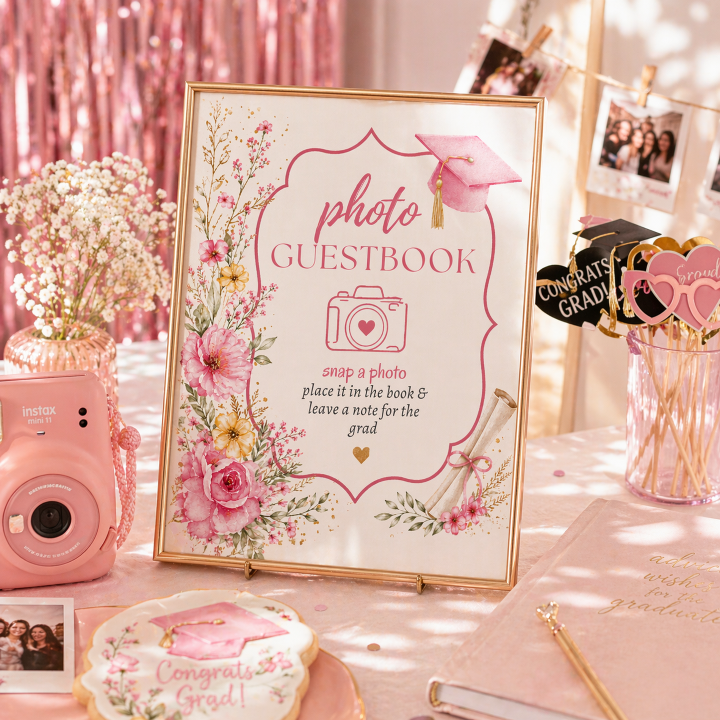 Graduation-themed photo guestbook with pink camera, flowers, and 'Congrats Grad' Table Sign. Graduation Party Ideas 