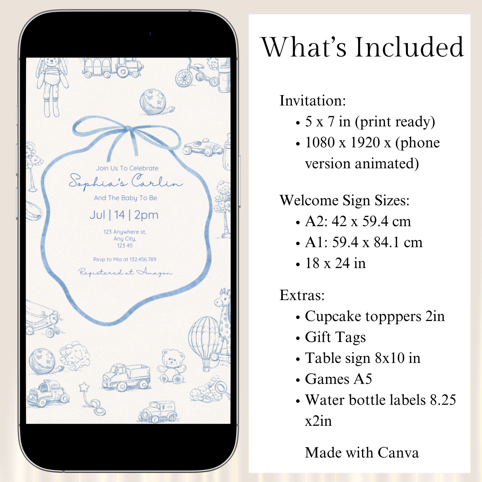 Phone displaying a baby shower invitation with product details on the right.