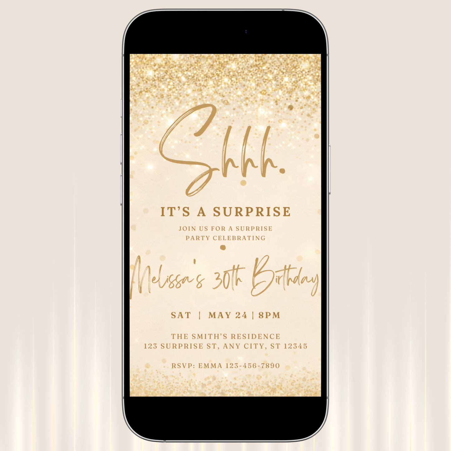 Phone displaying a birthday invitation with gold text on a beige background