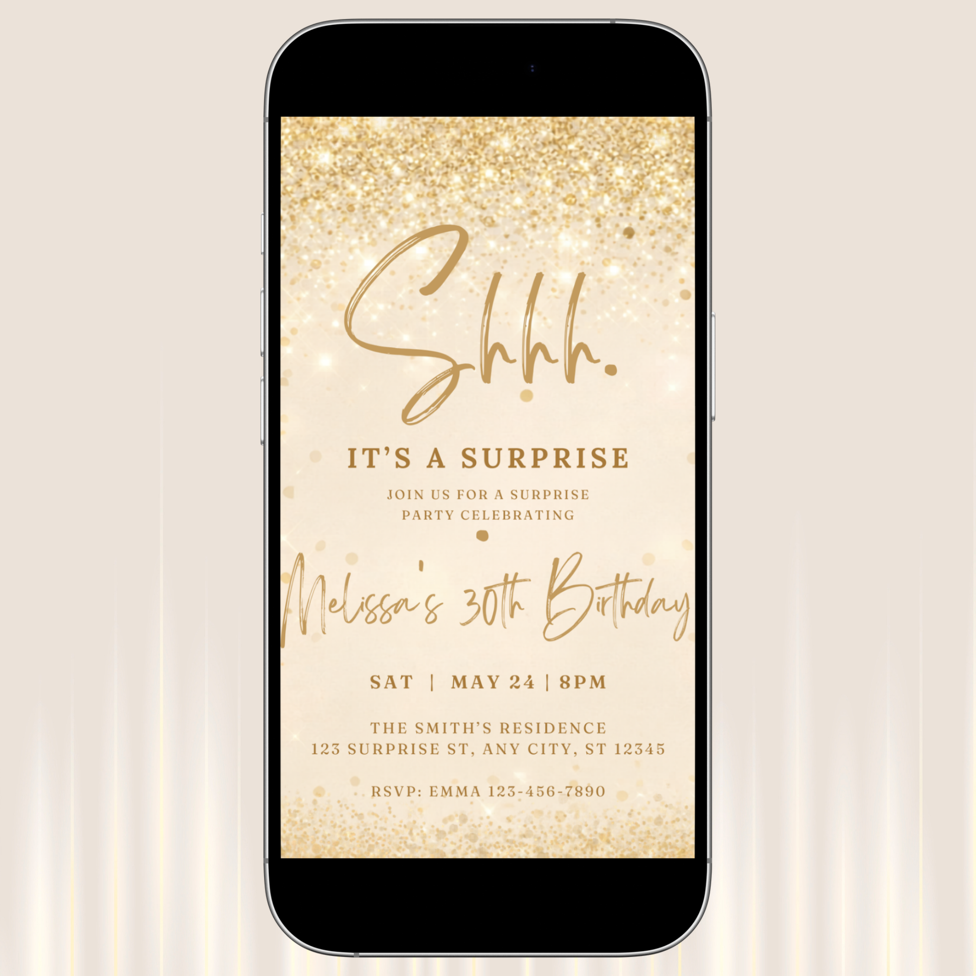 Phone displaying a birthday invitation with gold text on a beige background