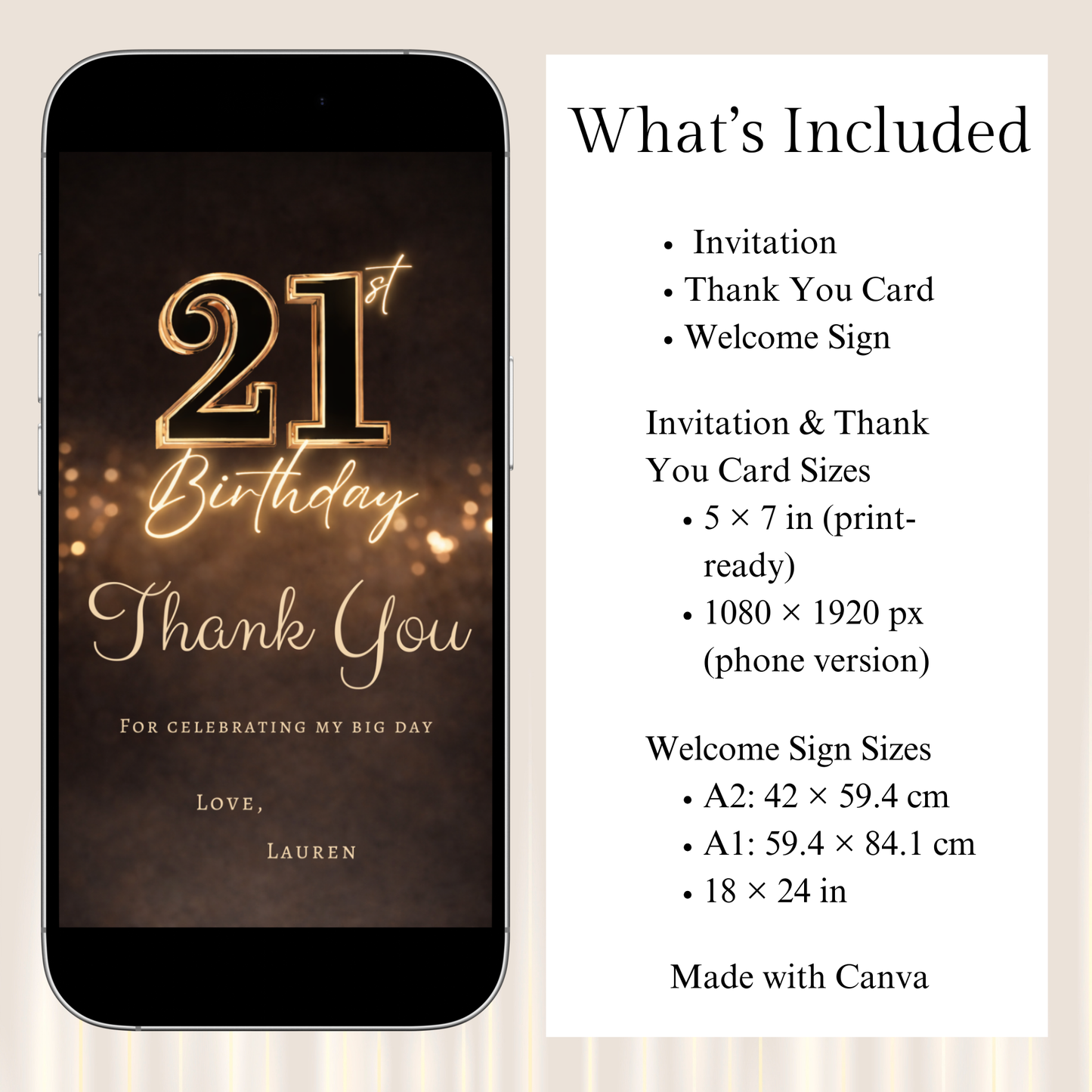 Metallic Golden 21st Birthday Invitation Template | Editable Elegant Gold Party Invite + Welcome Sign Bundle