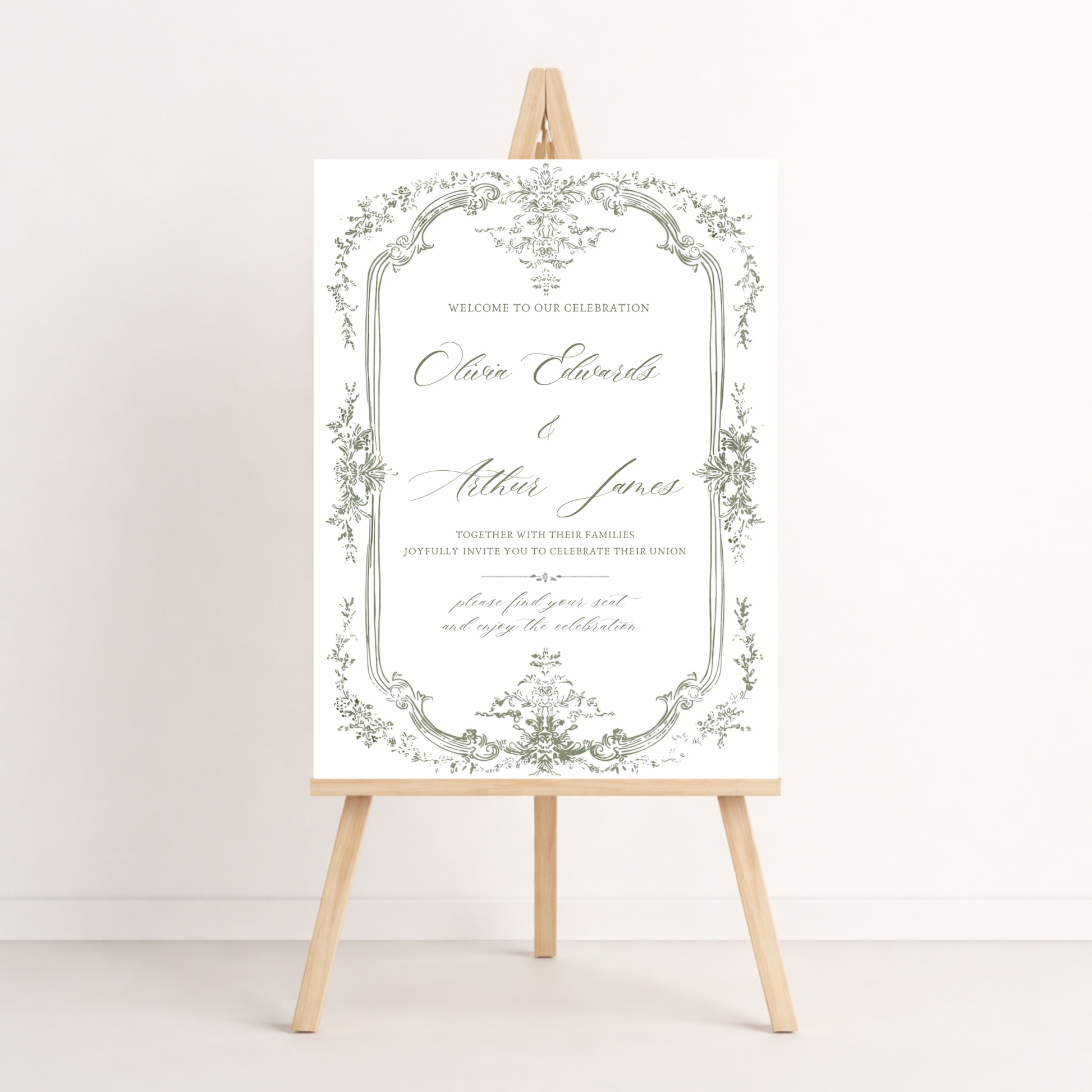Elegant timeless wedding invitation welcome sign template editable in canva instant download sage floral invite