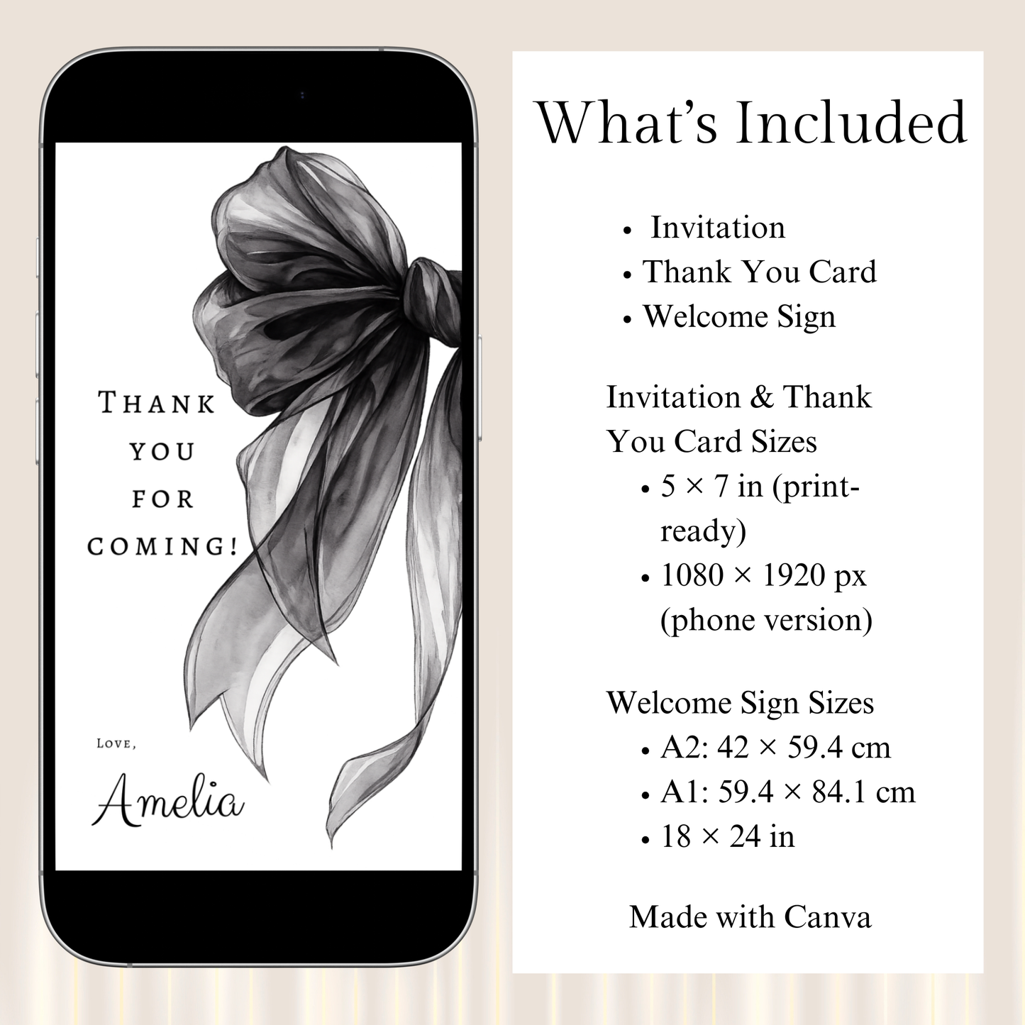 Minimalist Black Bow Invitation Template | Editable Elegant 16th Birthday & Formal Event Invite + Welcome Sign Bundle