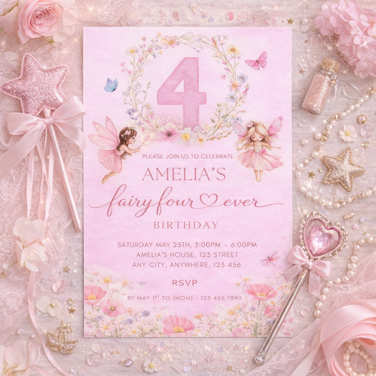 Girls 4th Birthday Bundle Editable Canva – Fairy Four Ever Party | Instant Download Invitation | Printable Decor | Activities