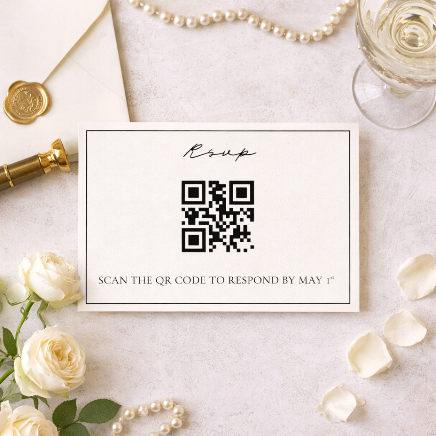 QR code invitation card with roses and a glass of wine on a light surface
