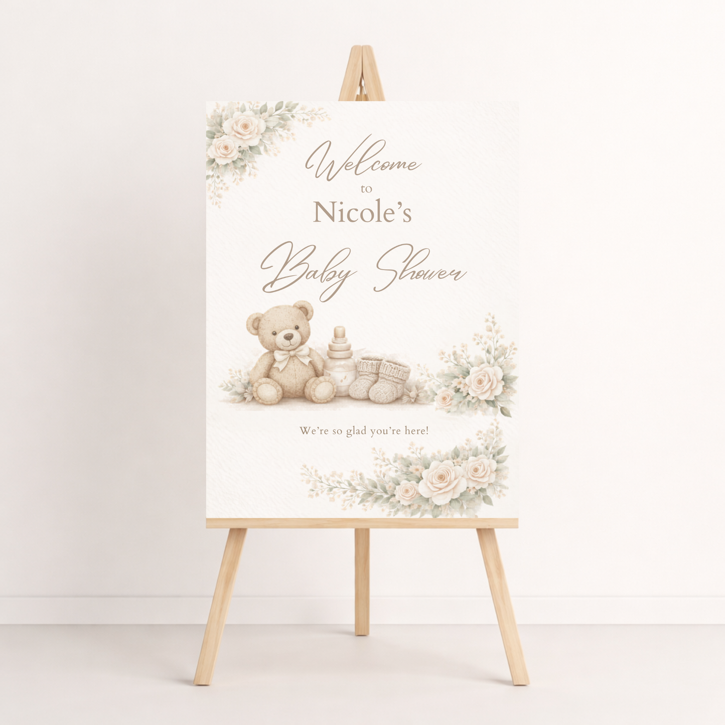 Baby shower welcome sign Vintage teddy bear and floral design template editable in canva