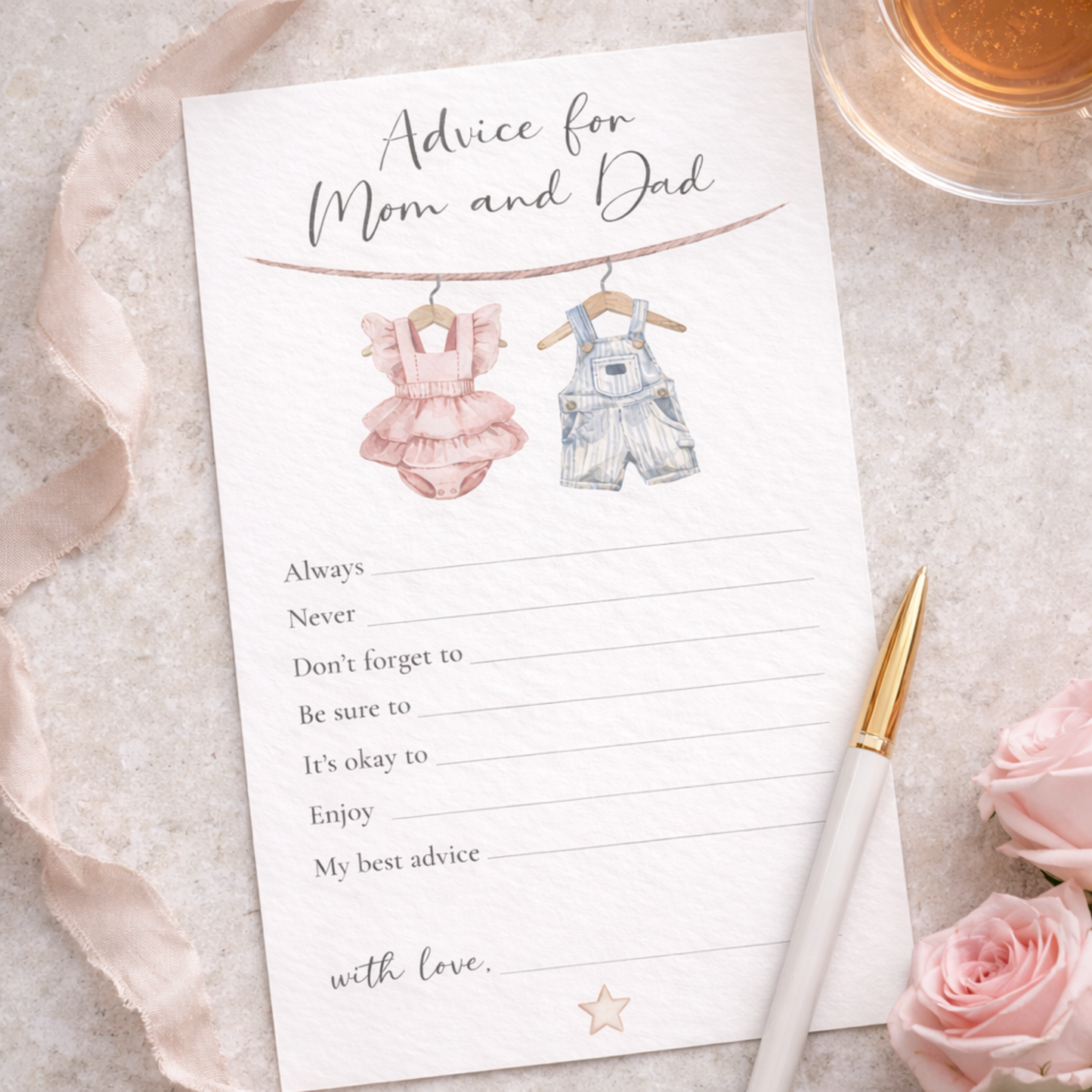 Baby shower game card titled 'Advice for Mom and Dad' with baby clothes illustrations on a decorative surface.